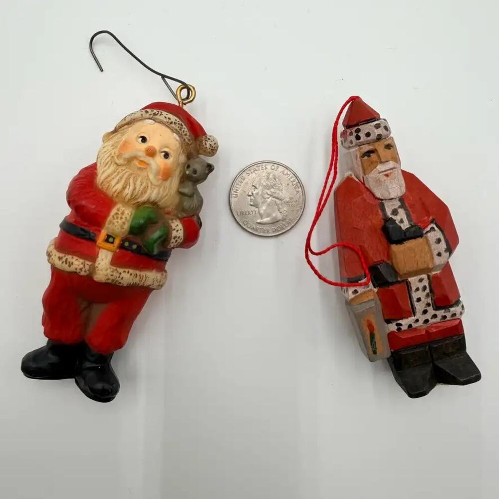 Vintage Santa Claus Christmas Ornaments Lot of 2 Folk Art Wood Carved Tree Decor